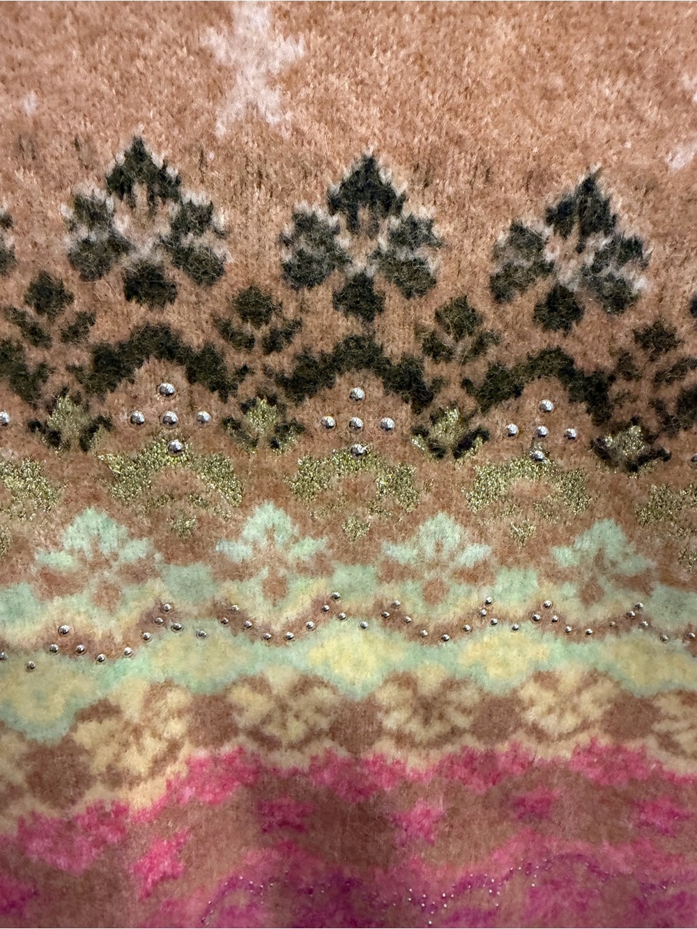 Cinq a Sept Camel Fair Isle Button-Front studded Women's Cardigan Sweater - Picture 5 of 9